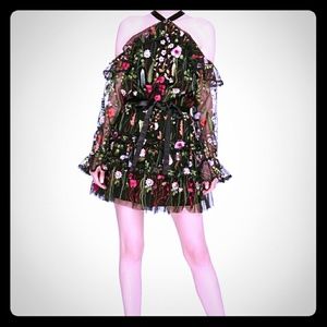 Long Sleeve Off Shoulder Embroidery Floral Dress